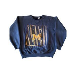 Vintage U of Michigan Wolverines Salem USA Made Faded Navy Blue L Crewneck